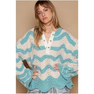 POL Blue and Cream V-Neck Sweater with Chevron Pattern